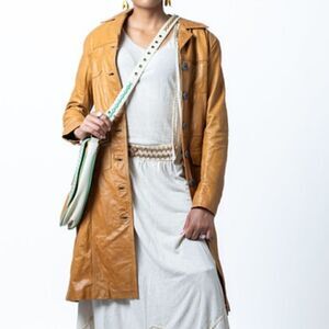 Crayon Leather Trench Coat Brown Cognac Vintage Made in Argentina. Size Small